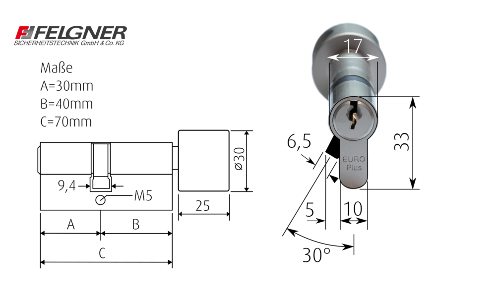 FELGNER Euro Plus Knaufzylinder technische Zeichnung 30-40 mm