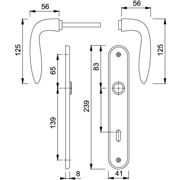 ► HOPPE Genova Langschild-Garnitur M1535/265-72 mm-Profilzylinder-F45-R satiniert verchromt/verchromt-Resista-Innentür mit Resista