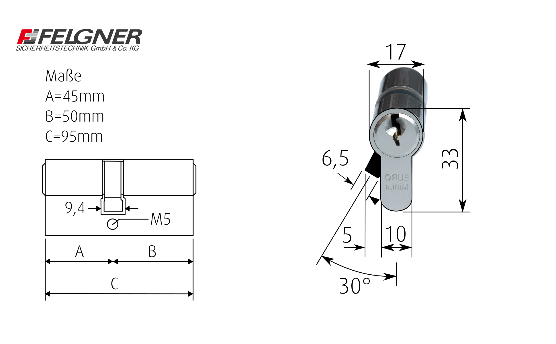 FELGNER Doppel-Zylinder Euro Plus Schließzylinder Profilzylinder Türschloss  Sicherheitsschloss für Türen Haustür Wohnungstür - inkl. 3 Bart-Schlüssel